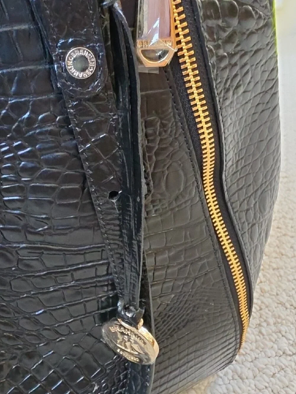 Brahmin Black Croc-Embossed Leather Tote with Gold Hardware